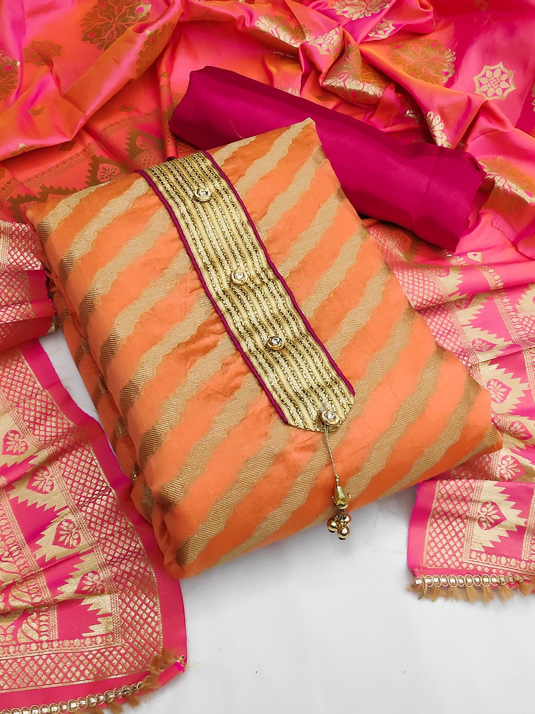 

KALINI Orange & Pink Unstitched Dress Material