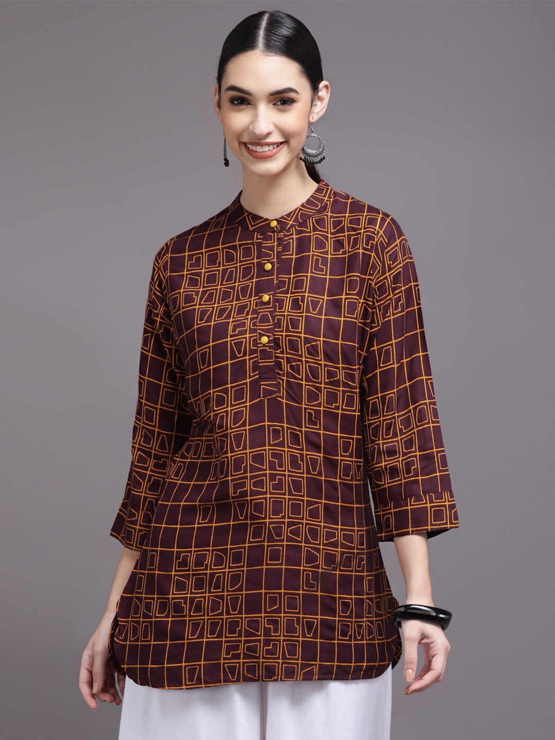 

KALINI Women Maroon & Cream-Coloured Viscose Rayon Mandarin Collar Printed Tunic