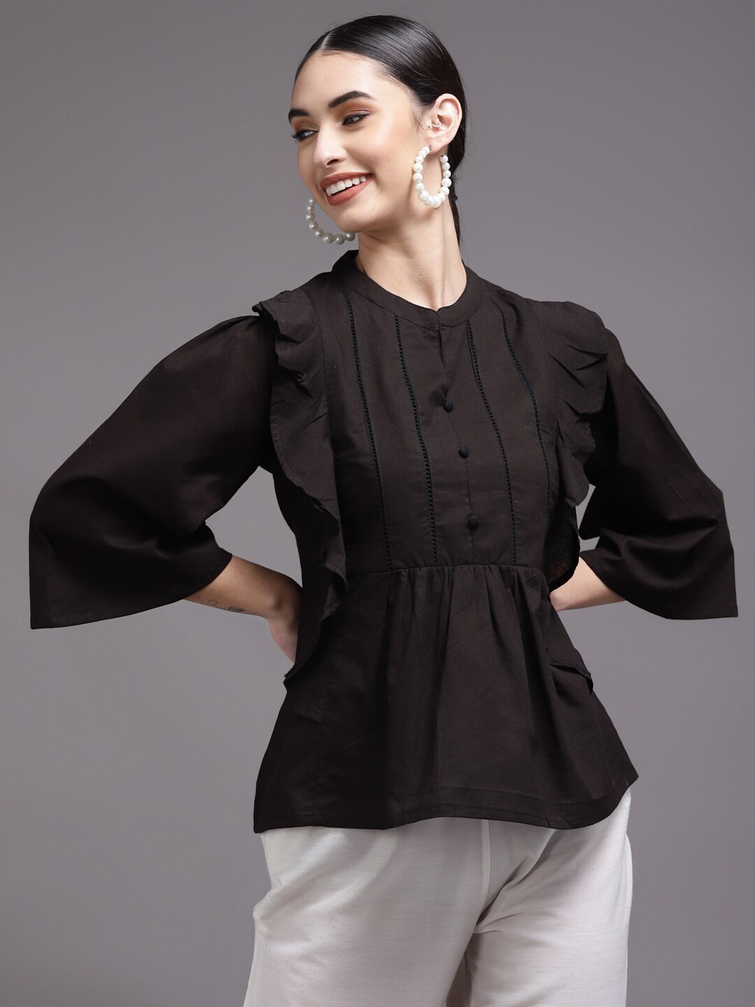 

KALINI Women Black Mandarin Collar Cotton Tunic