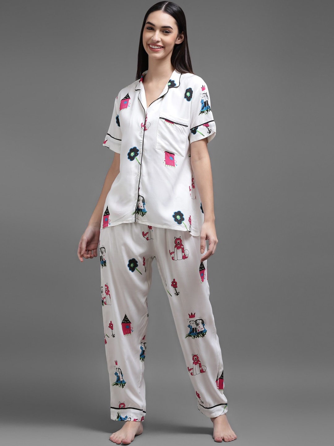 

KALINI Women White & Pink Printed Night suit