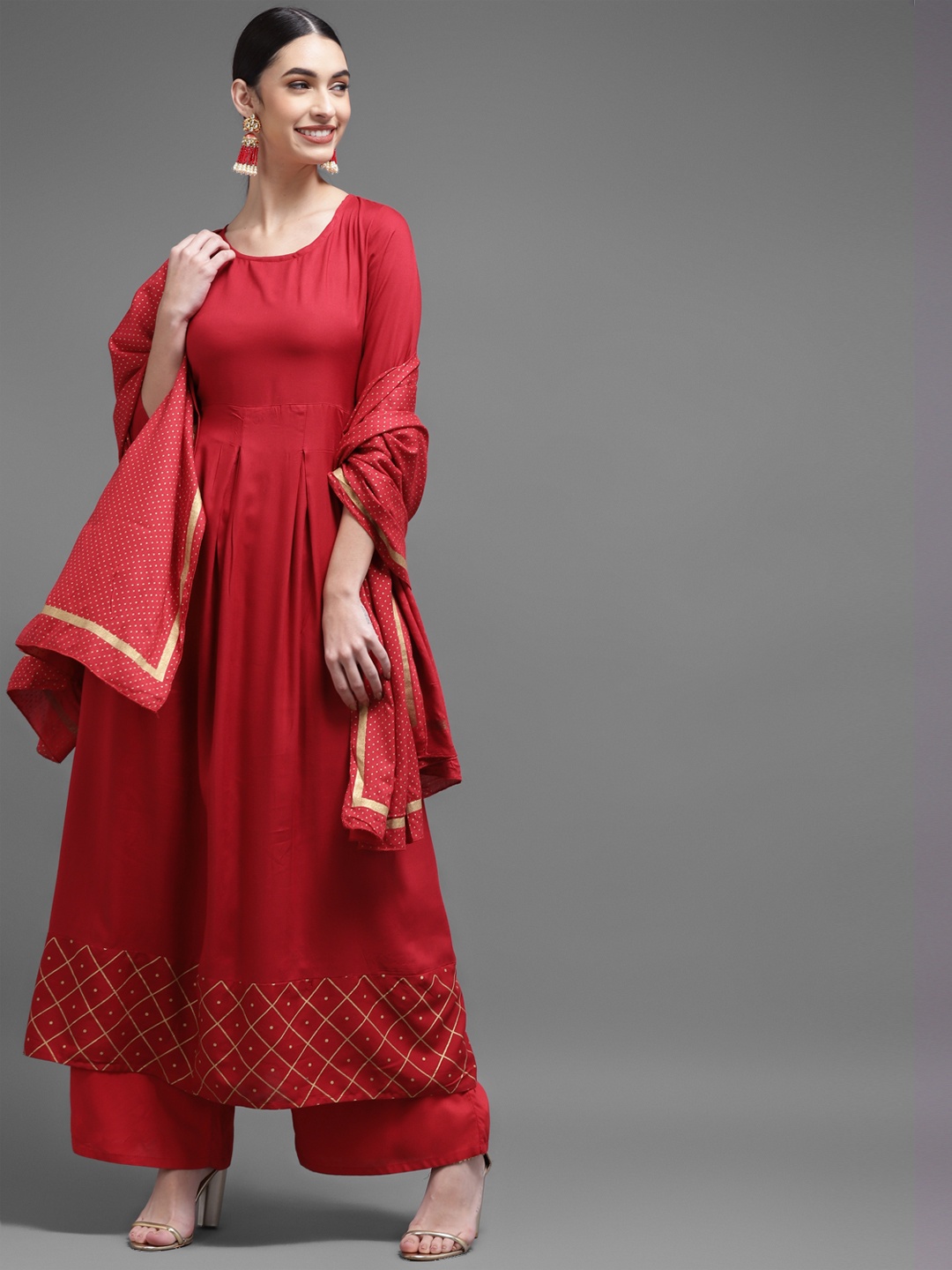

KALINI Women Red Empire Kurta with Palazzos & Dupatta