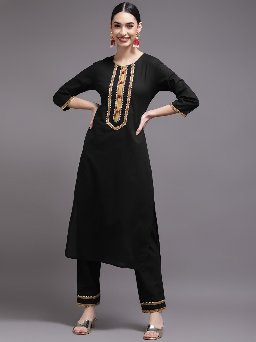 

KALINI Women Black Pure Cotton Kurta with Trousers