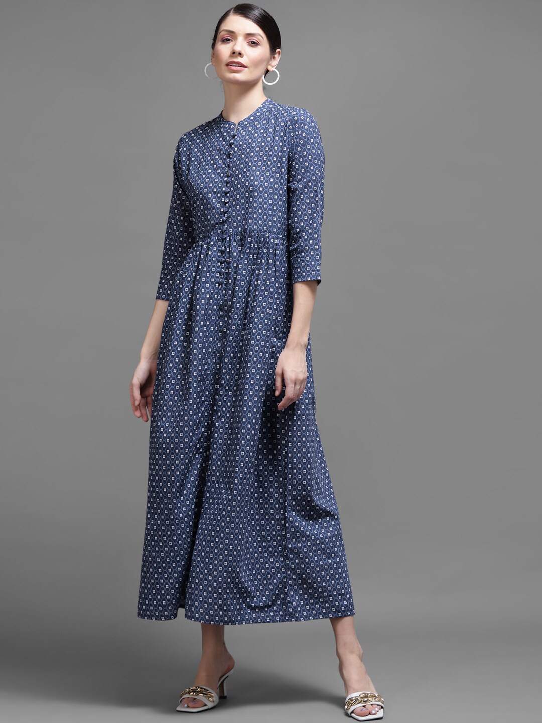 

KALINI Navy Blue Ethnic Motifs Maxi Cotton Dress