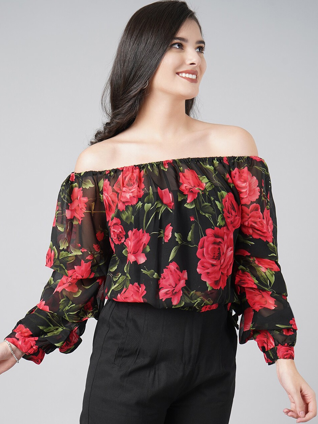 

DIVA WALK EXCLUSIVE Black & Red Floral Printed Off-Shoulder Bardot Crop Top