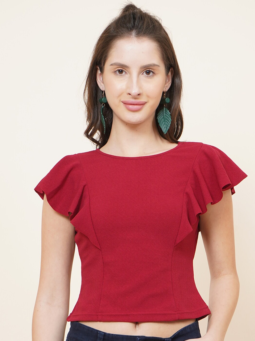 

DIVA WALK EXCLUSIVE Maroon Flutter Sleeves Crop Top