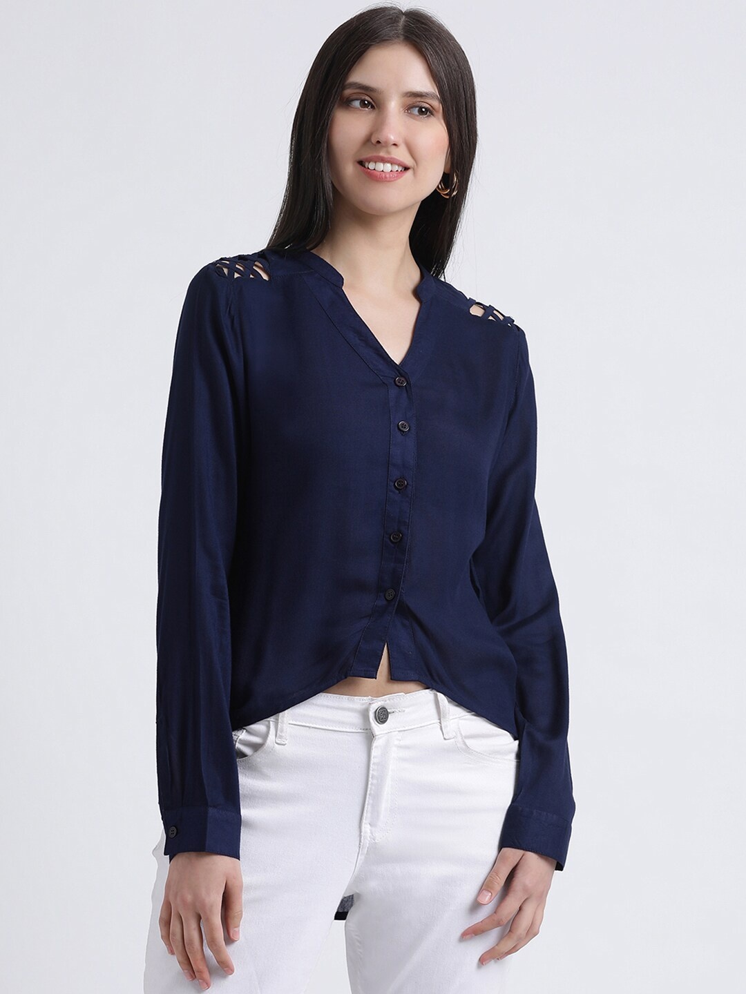 

DIVA WALK EXCLUSIVE Navy Blue Mandarin Collar Shirt Style Top