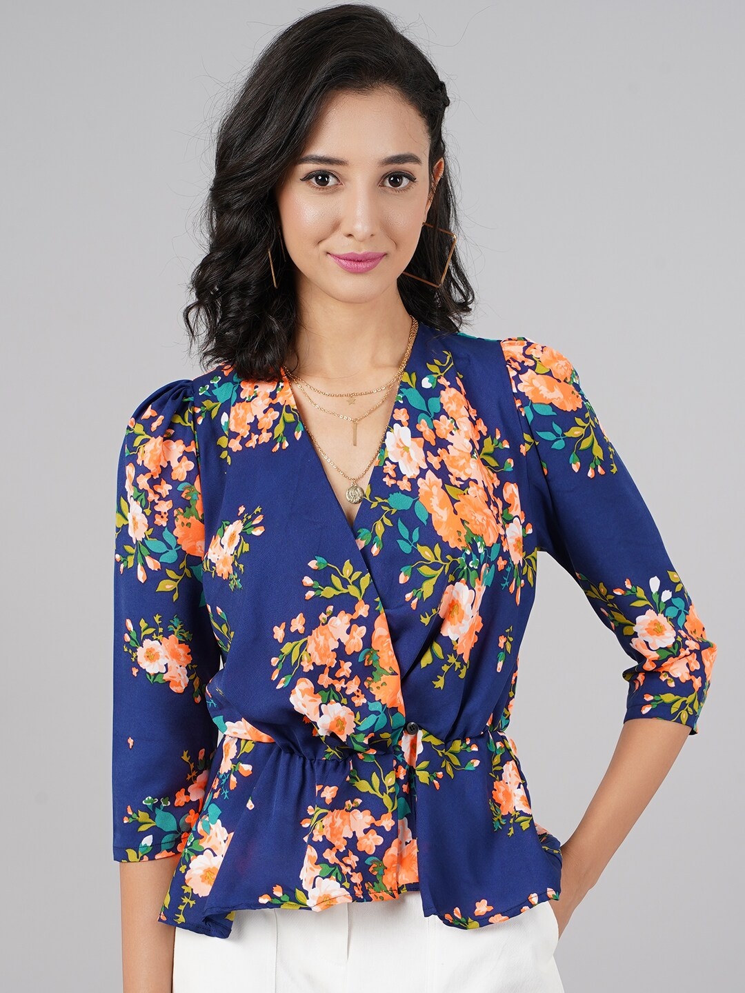 

DIVA WALK EXCLUSIVE Blue & Orange Floral Print Crepe Wrap Top