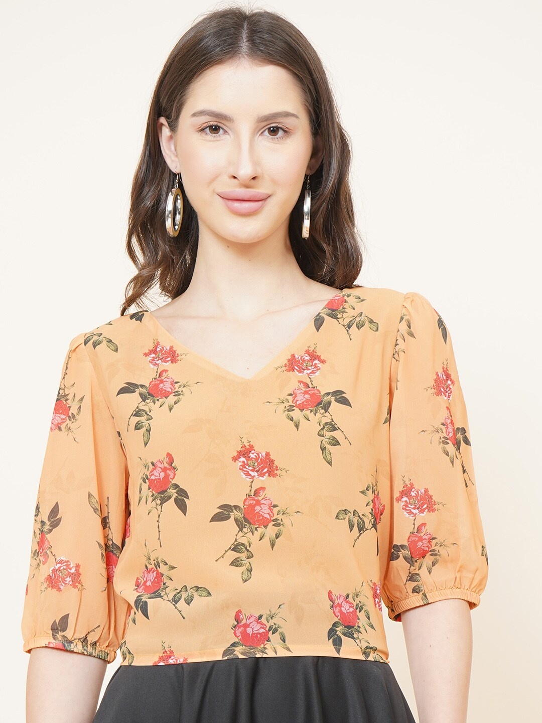 

DIVA WALK EXCLUSIVE Mustard Yellow & Red Floral Print Georgette Top