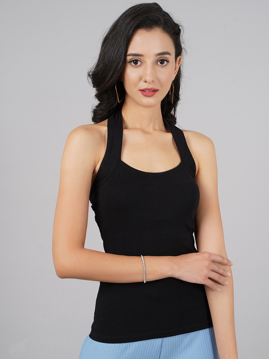 

DIVA WALK EXCLUSIVE Black Halter Neck Pure Cotton Tank Top