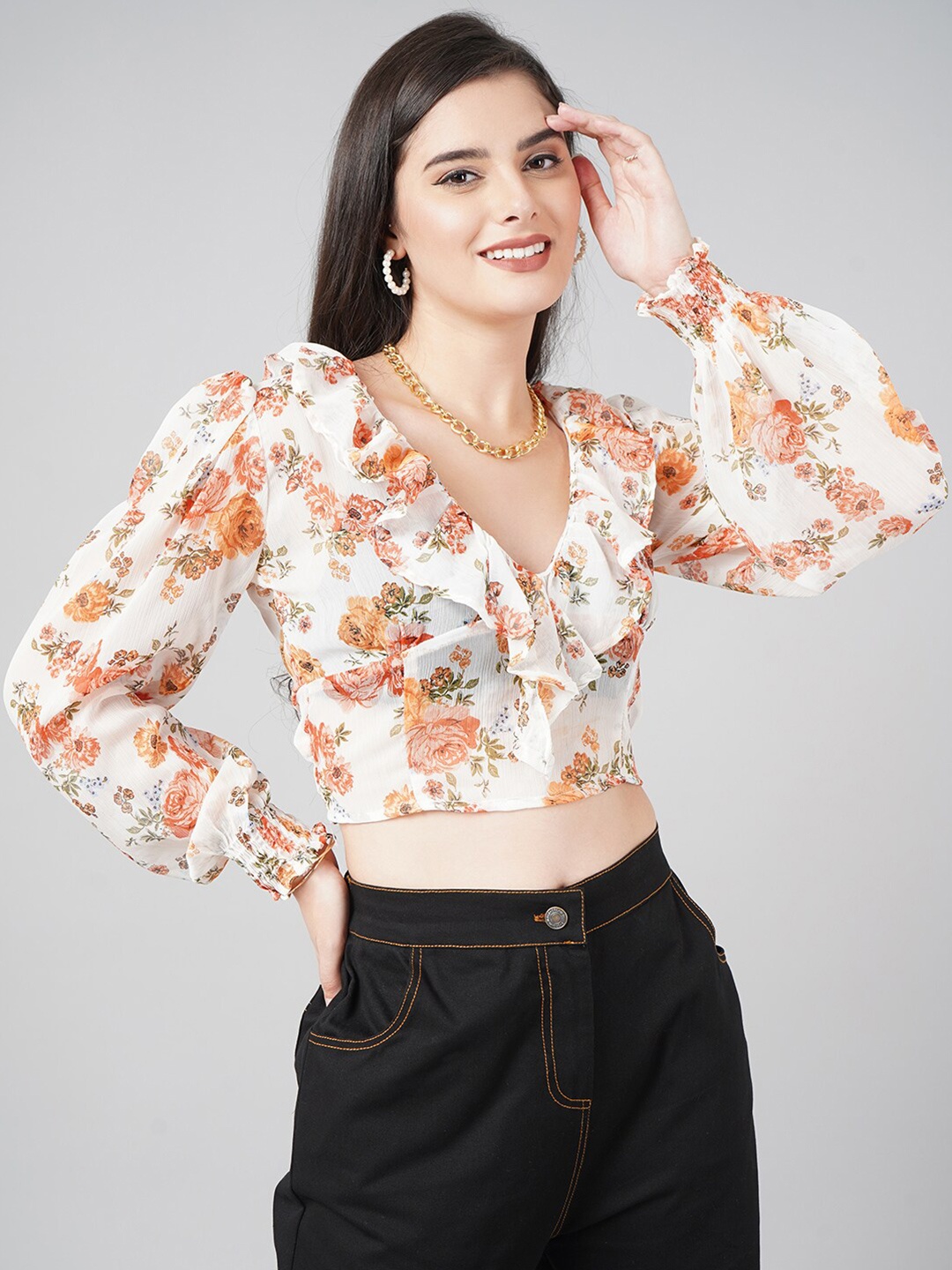 

DIVA WALK EXCLUSIVE White & Orange Floral Print Crop Top