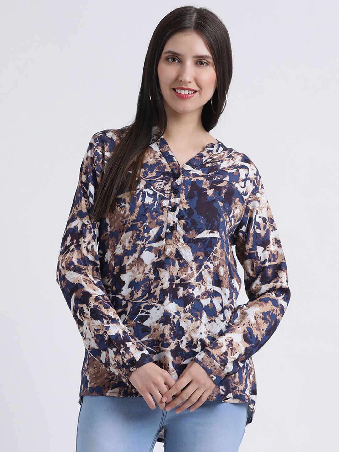 

DIVA WALK EXCLUSIVE Blue Floral Print Mandarin Collar Shirt Style Top
