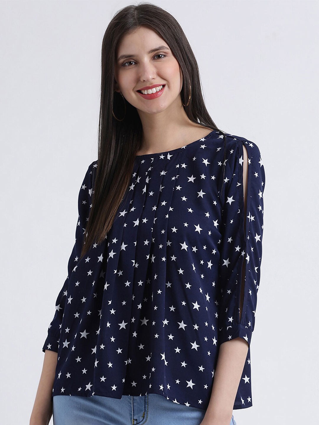 

DIVA WALK EXCLUSIVE Navy Blue & White Printed Crepe Top