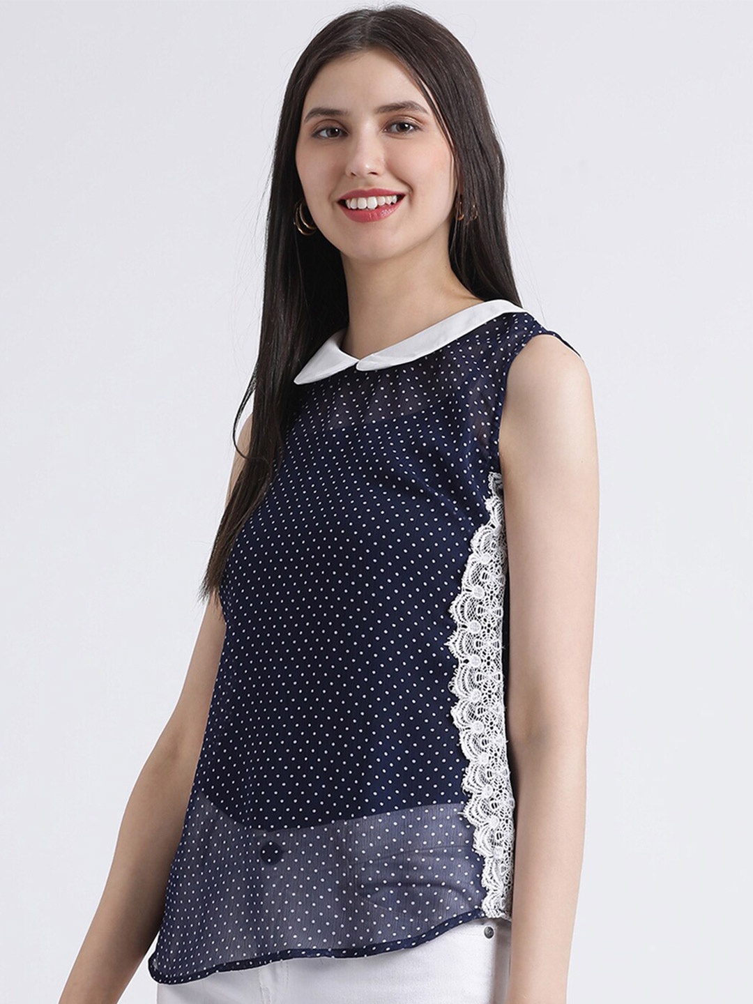 

DIVA WALK EXCLUSIVE Navy Blue & White Printed Peter Pan Collar Georgette Top
