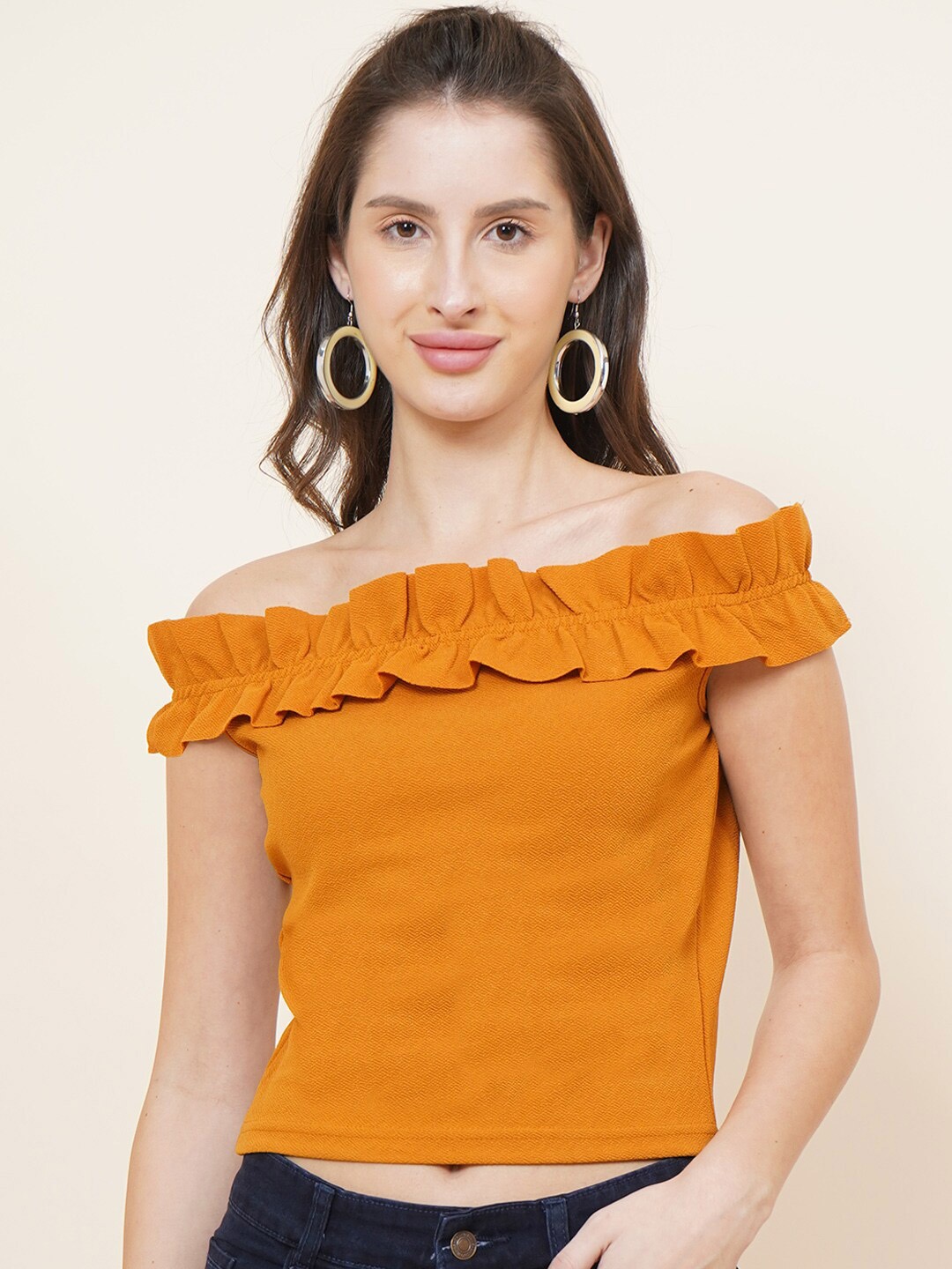 

DIVA WALK EXCLUSIVE Mustard Yellow Off-Shoulder Ruffles Bardot Crop Top
