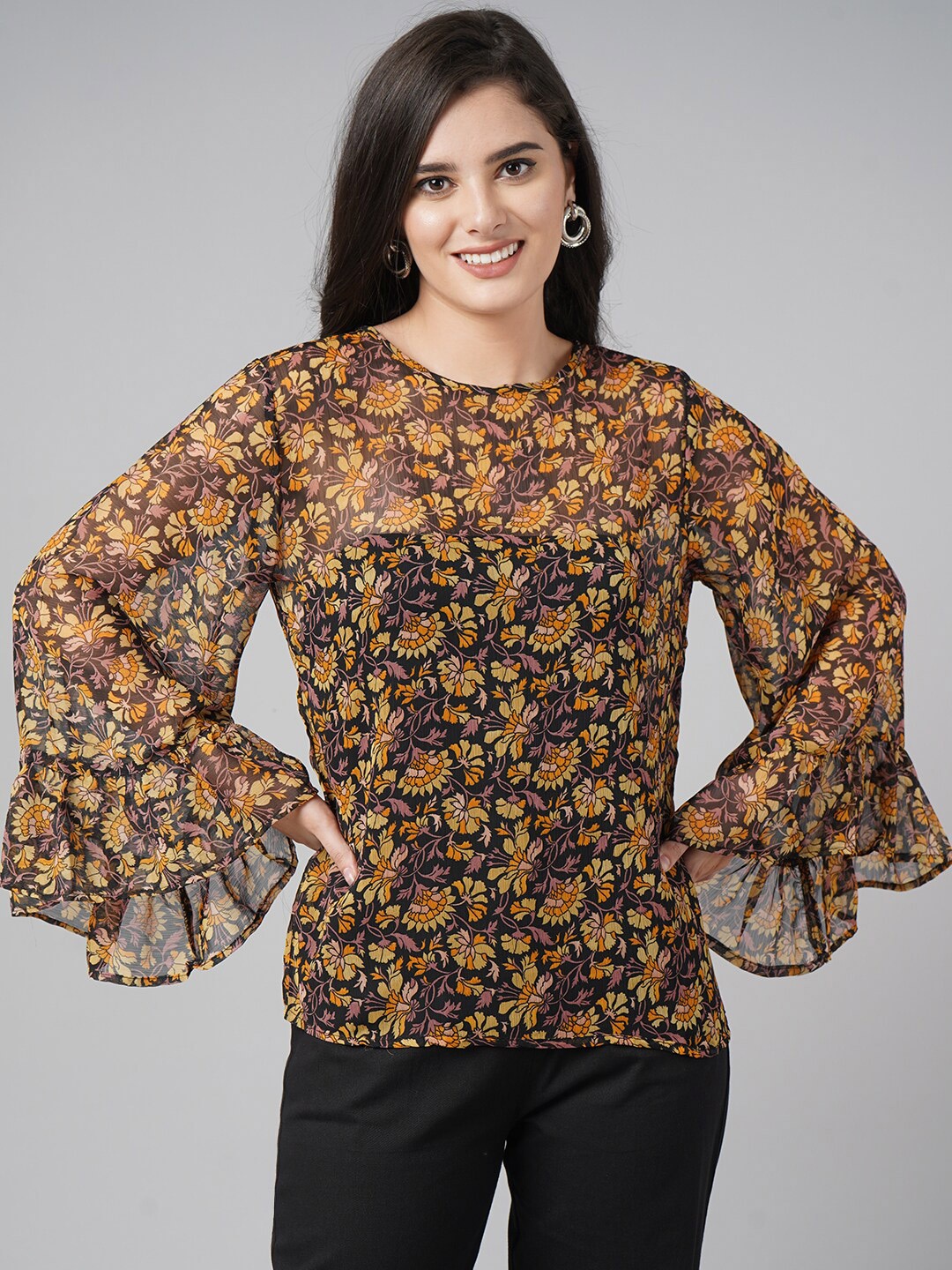

DIVA WALK EXCLUSIVE Brown & Yellow Floral Print Chiffon Top