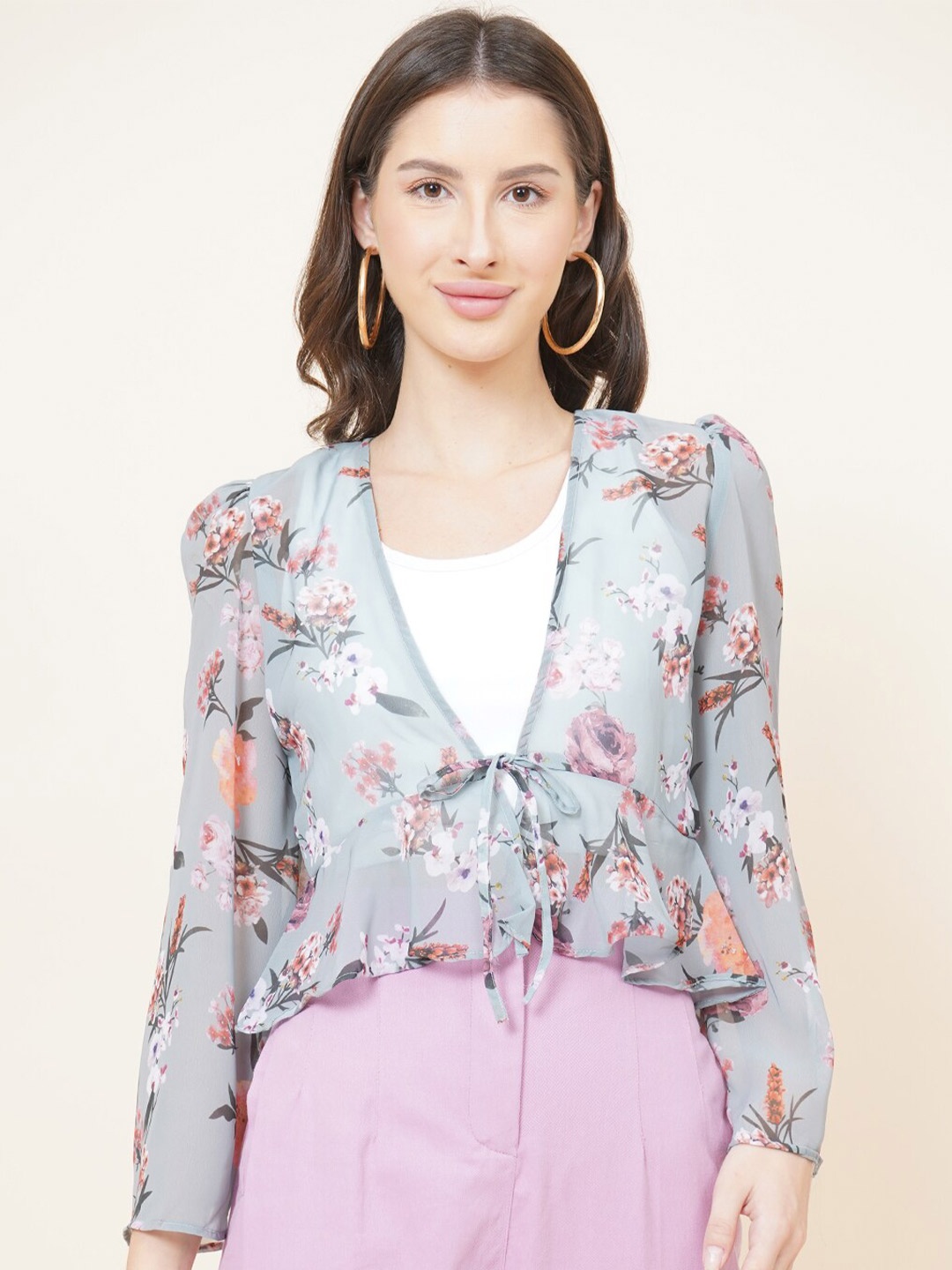 DIVA WALK EXCLUSIVE Women Green & Pink Printed Tie-Up Shrug