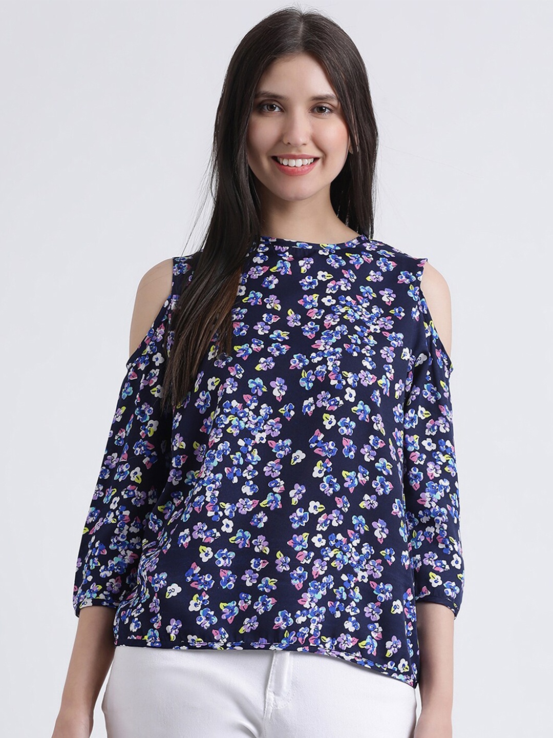 

DIVA WALK EXCLUSIVE Women Navy Blue Floral Print Crepe Top