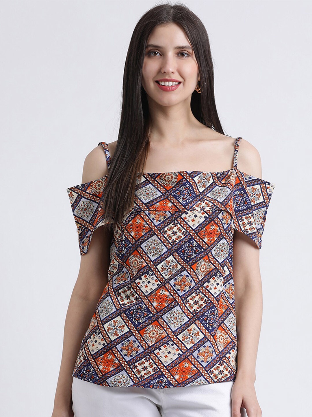 

DIVA WALK EXCLUSIVE Women Blue & Beige Geometric Print Crepe Top
