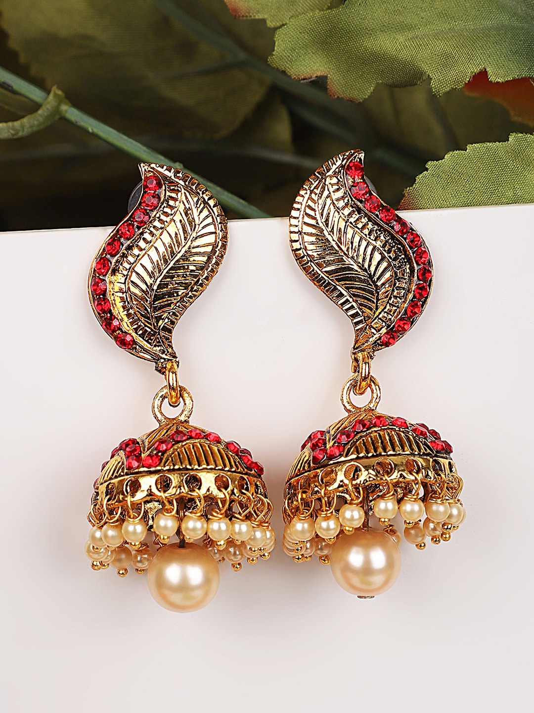 

ANIKAS CREATION Women Red Gold-Plated Dome Shaped Jhumkas Earrings