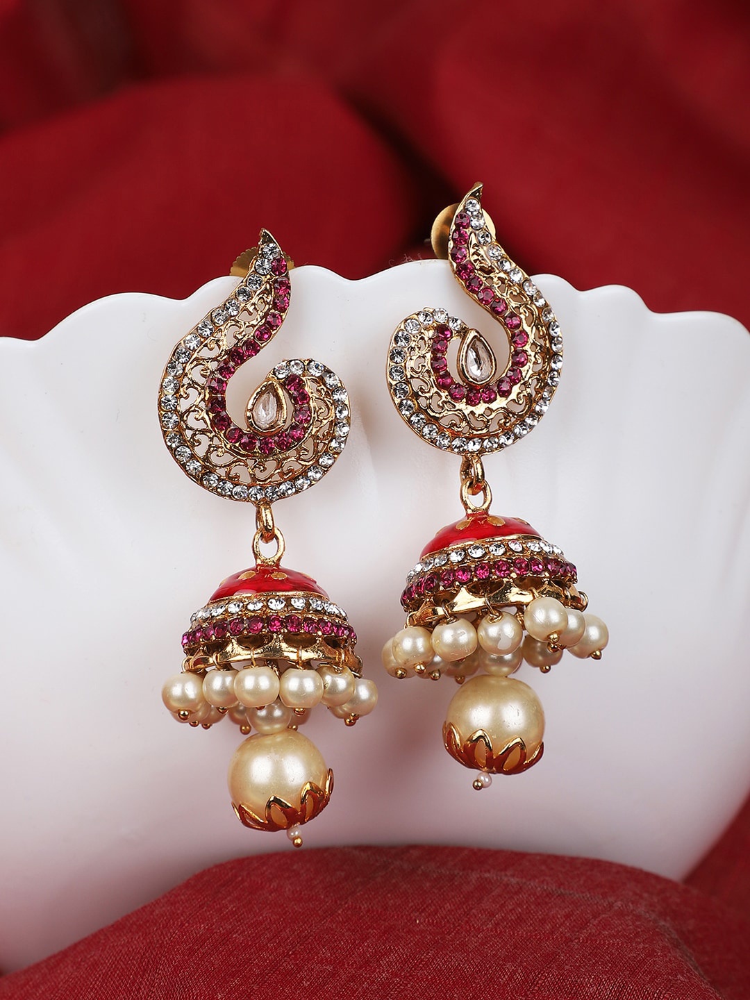 

ANIKAS CREATION Women Red Gold-Plated Dome Shaped Jhumkas Earrings