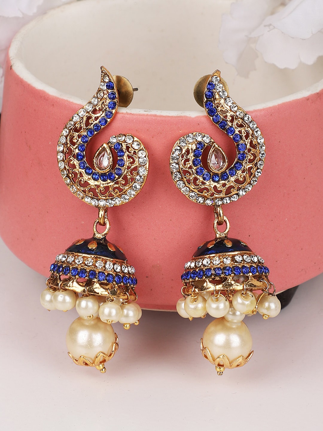 

ANIKAS CREATION Women Blue Gold-Plated Dome Shaped Jhumkas Earrings