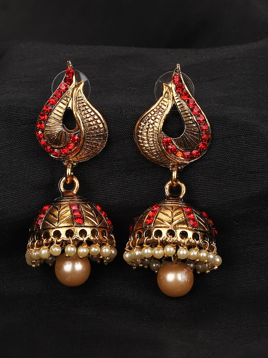 

ANIKAS CREATION Women Red Gold-Plated Dome Shaped Jhumkas Earrings