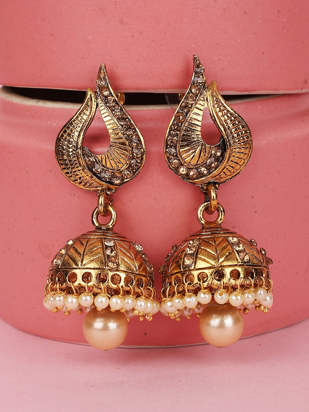 

ANIKAS CREATION Women Red Gold-Plated Dome Shaped Jhumkas Earrings