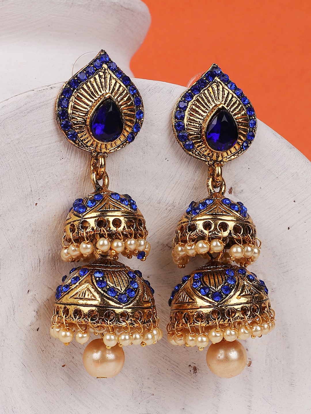 

ANIKAS CREATION Women Blue Gold-Plated Dome Shaped Jhumkas Earrings