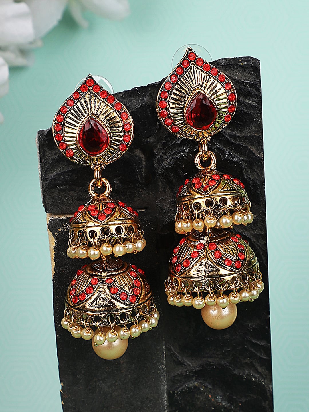 

ANIKAS CREATION Women Red Gold-Plated Dome Shaped Jhumkas Earrings