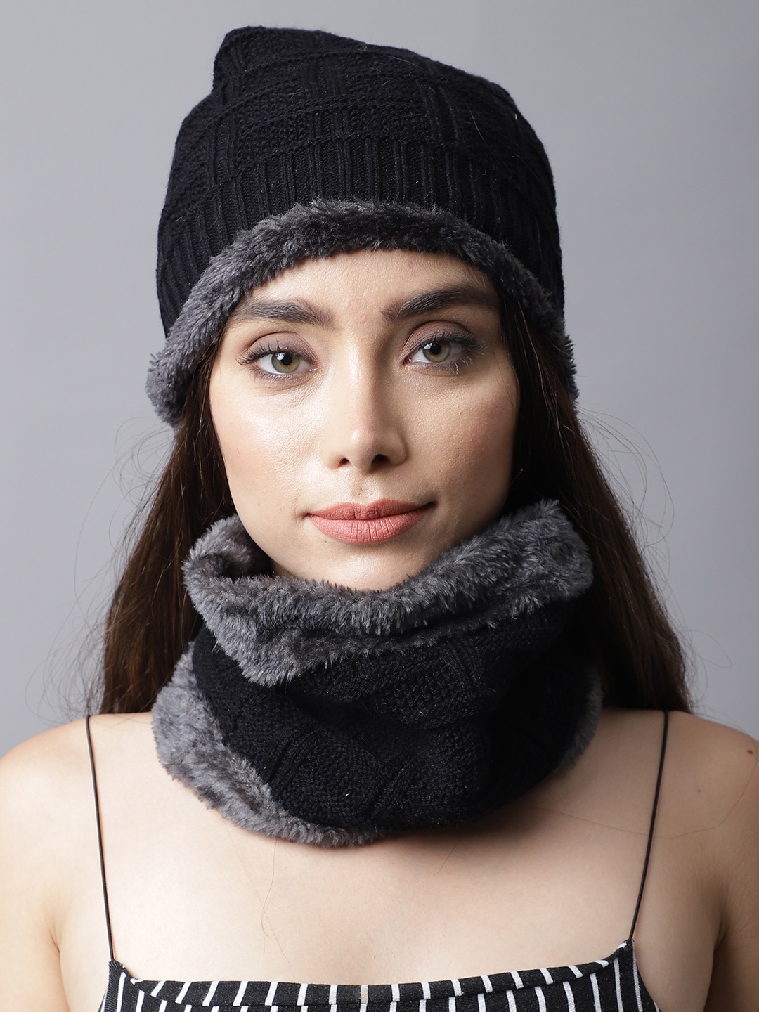 

ELLIS Women Black & Grey Acrylic Solid Balaclava