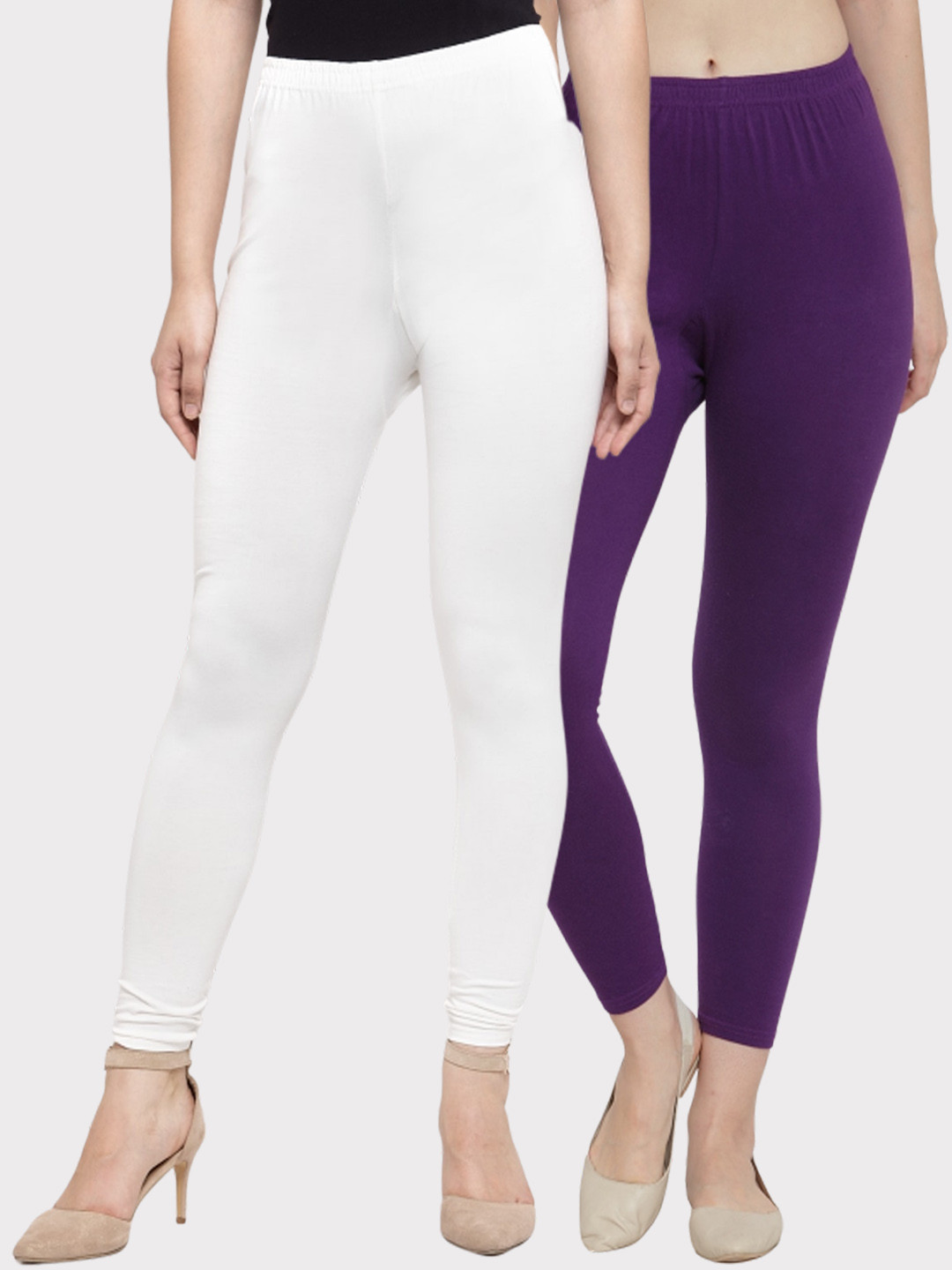 

Jinfo Women Pack Of 2 White & Purple Solid Ankle-Length Leggings