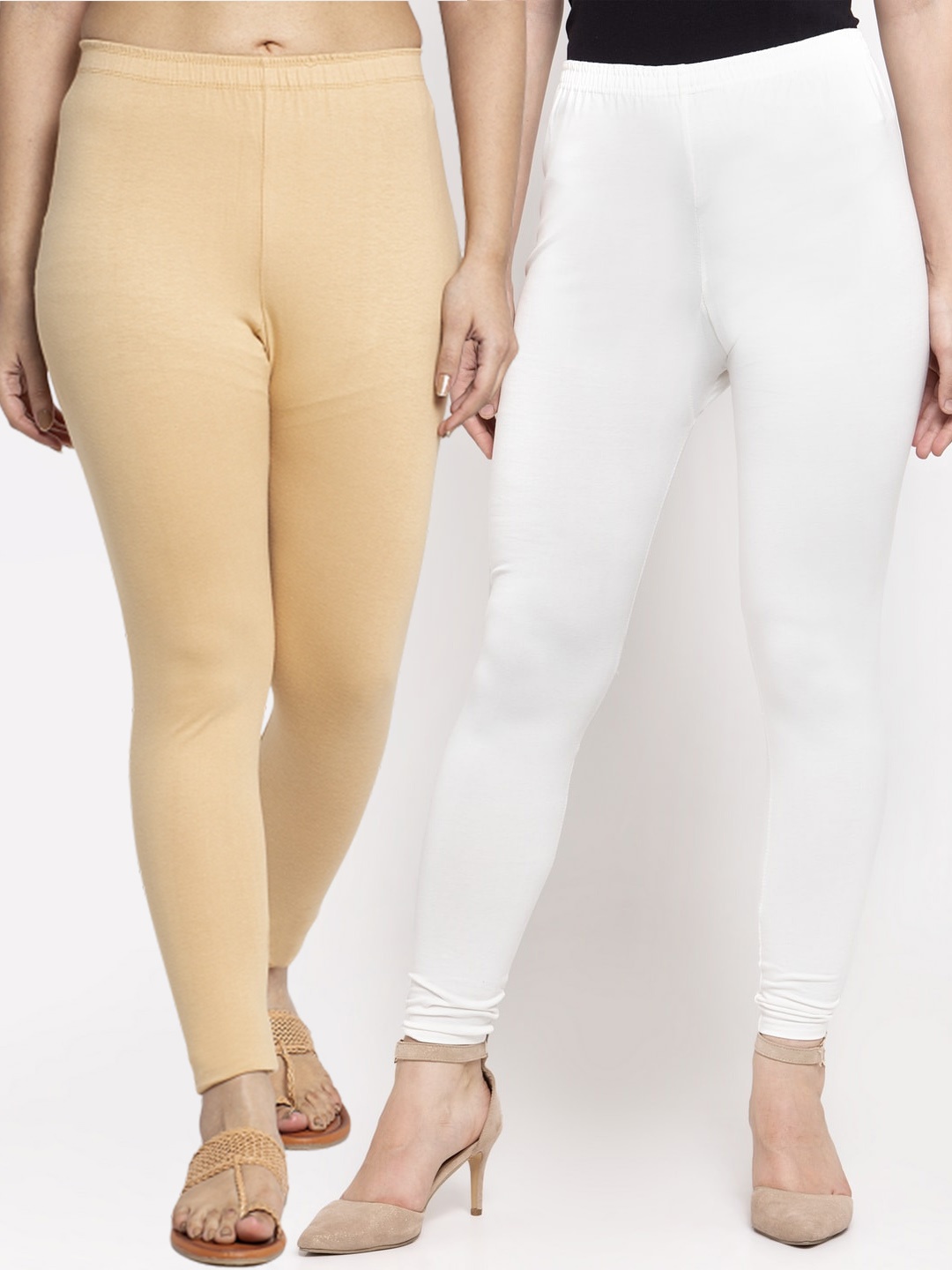 

Jinfo Women Pack Of 2 White & Beige Solid Ankle-Length Leggings