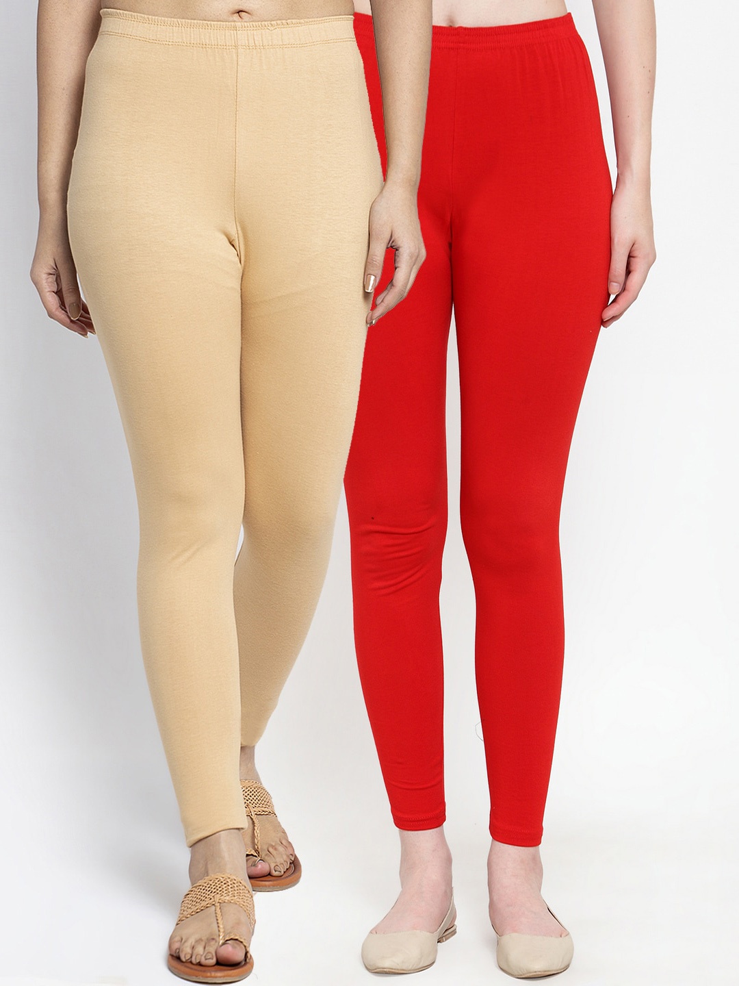 

Jinfo Women Pack Of 2 Red & Beige Solid Ankle Length Leggings