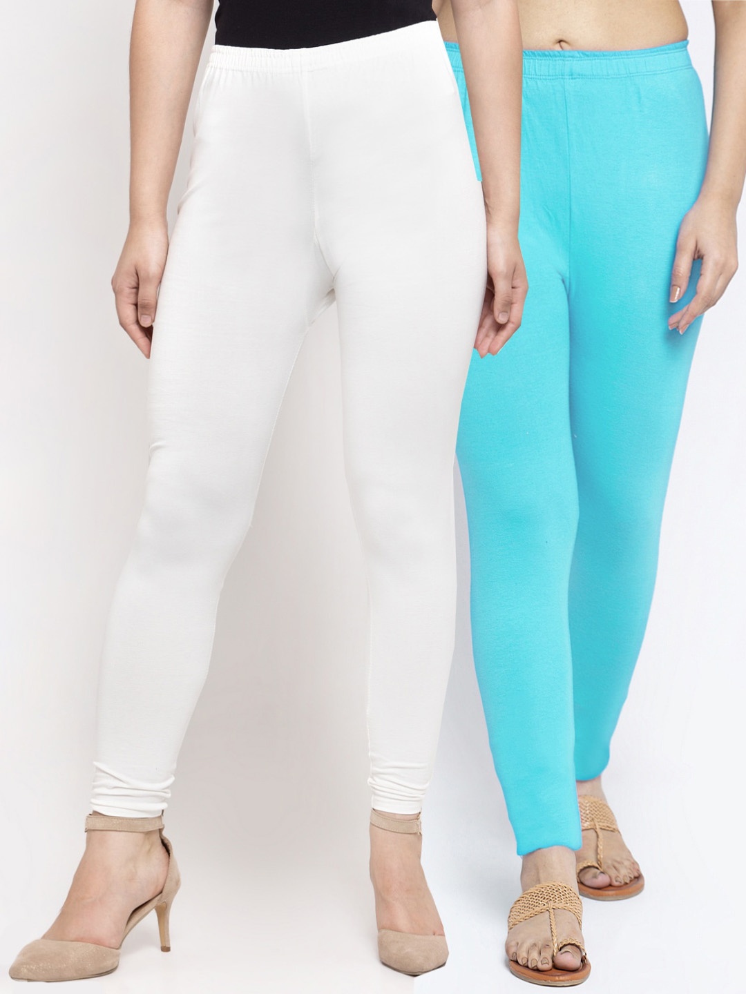 

Jinfo Women Pack Of 2 White & Aqua Blue Solid Ankle-Length Leggings