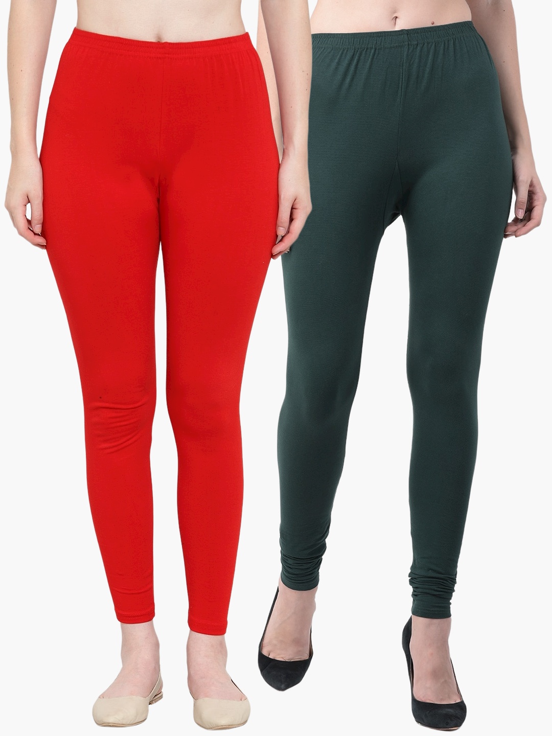 

Jinfo Women Pack Of 2 Red & Green Solid Ankle-Length Leggings