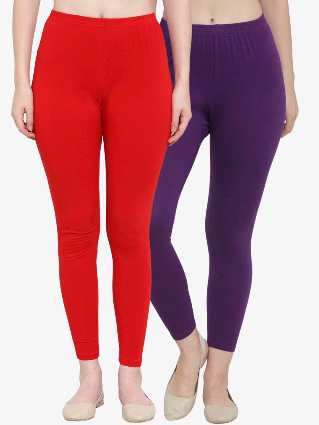 

Jinfo Women Pack Of 2 Solid Ankle Length Leggings, Red