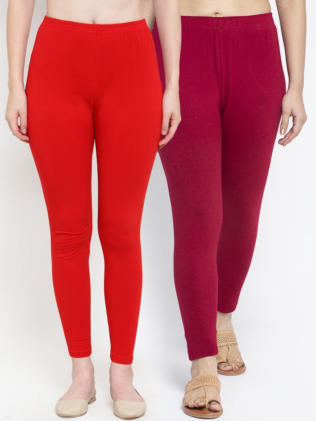 

Jinfo Women Pack Of 2 Solid Ankle-Length Leggings, Red