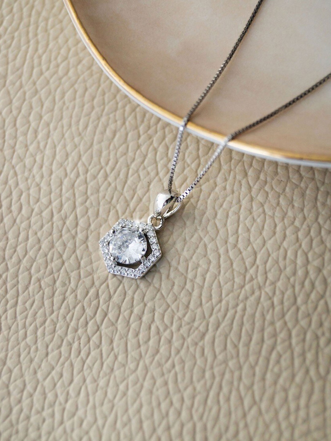 

MANNASH Silver-Toned & White 925 Sterling Silver Rhodium-Plated Pendant With Chain