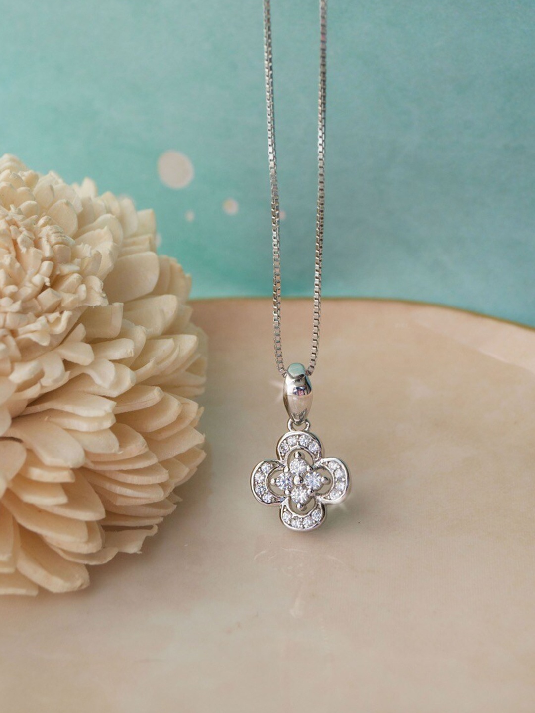 

MANNASH Silver-Toned & White 925 Sterling Silver Rhodium-Plated Pendant With Chain