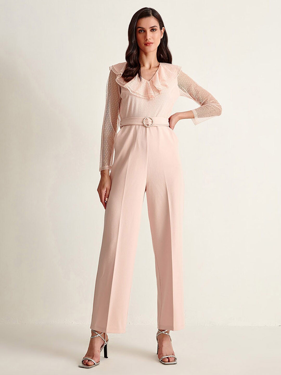 

COVER STORY Peach-Coloured Ruffled Basic Jumpsuit