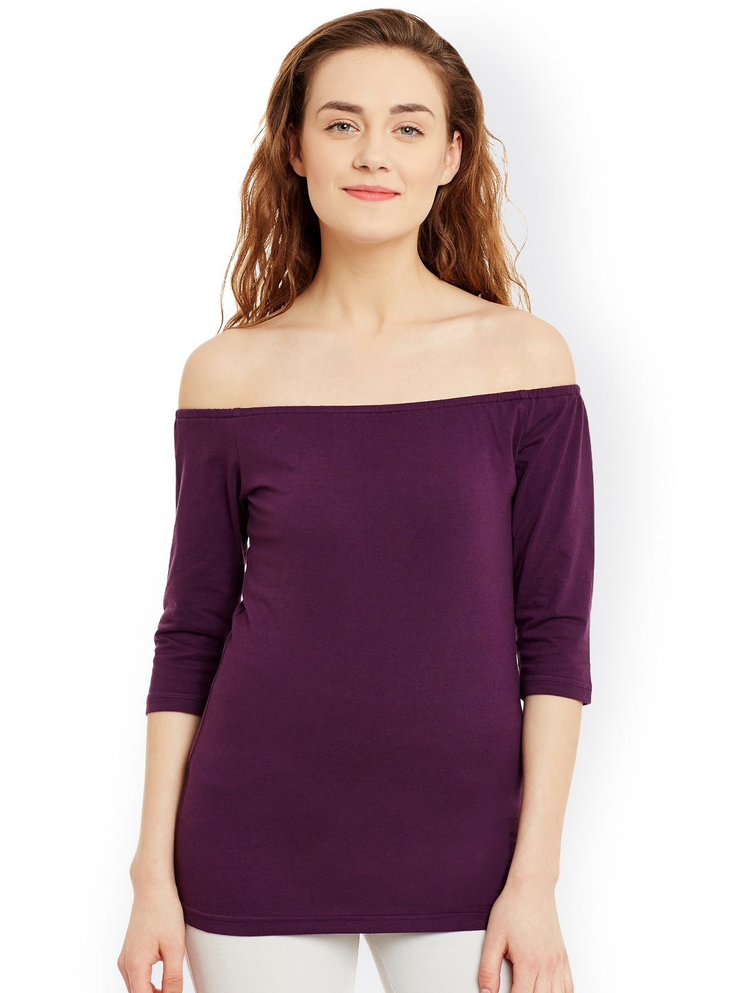 

Hypernation Women Purple Solid Bardot Pure Cotton Top