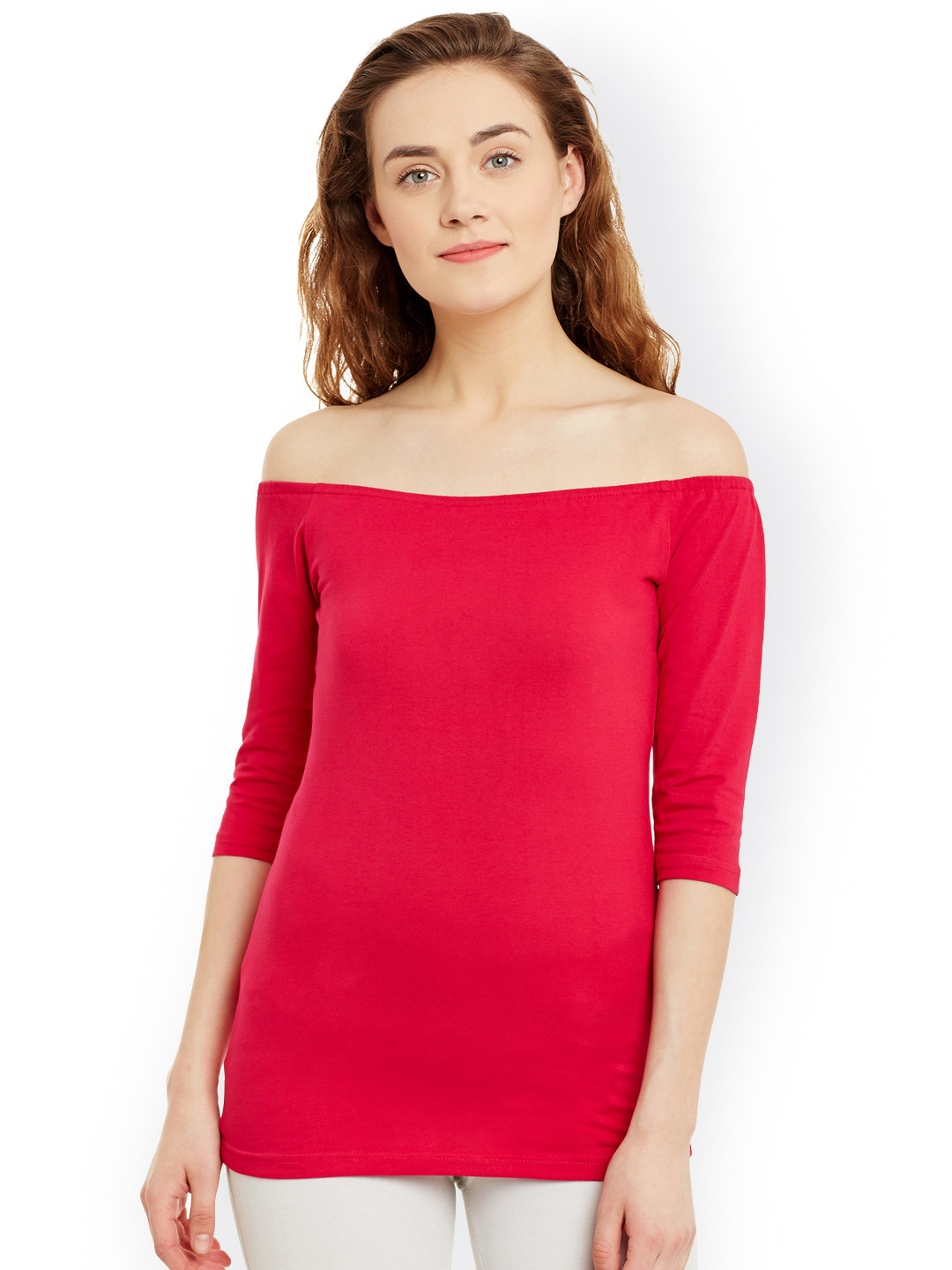 

Hypernation Women Red Solid Bardot Pure Cotton Top