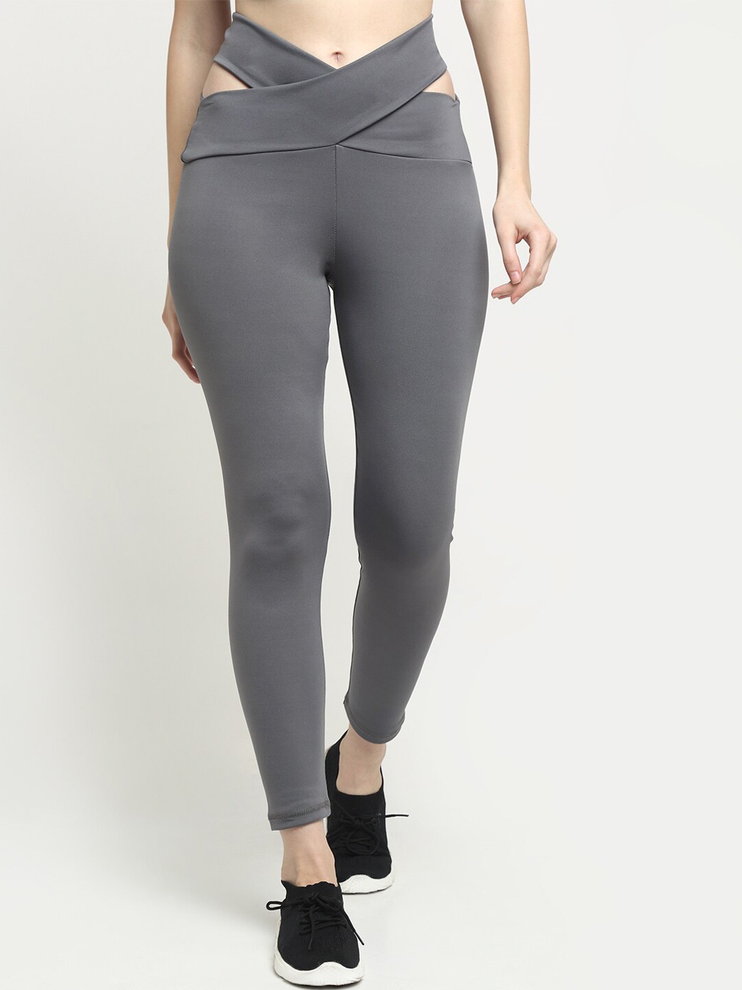 

EVERDION Women Grey Solid Slim-Fit Criss Cross Waist Tights