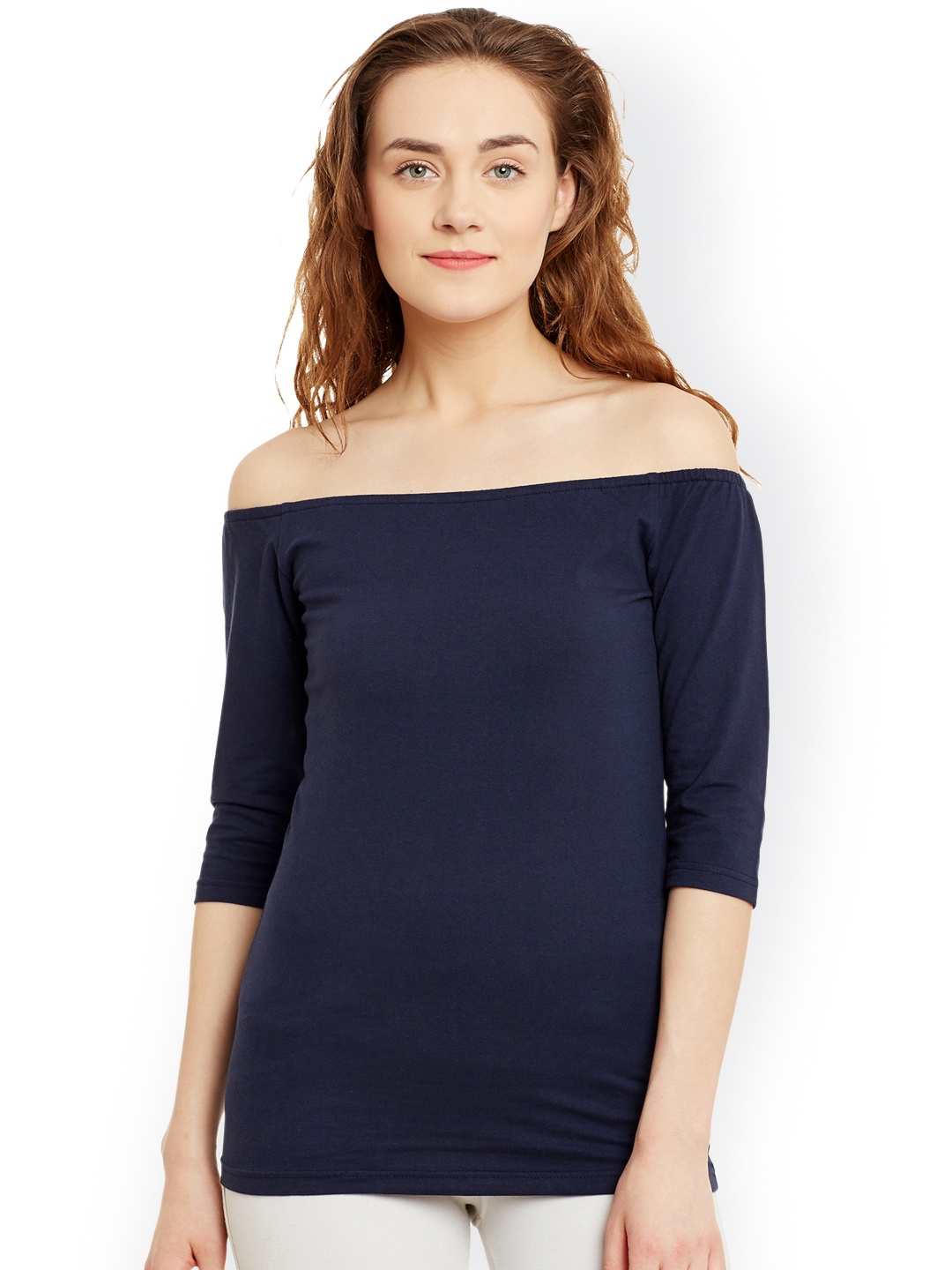 

Hypernation Women Navy Blue Solid Bardot Pure Cotton Top