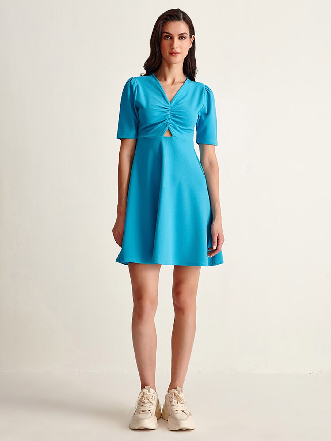 

COVER STORY Women Blue Solid V-Neck A-Line Dress