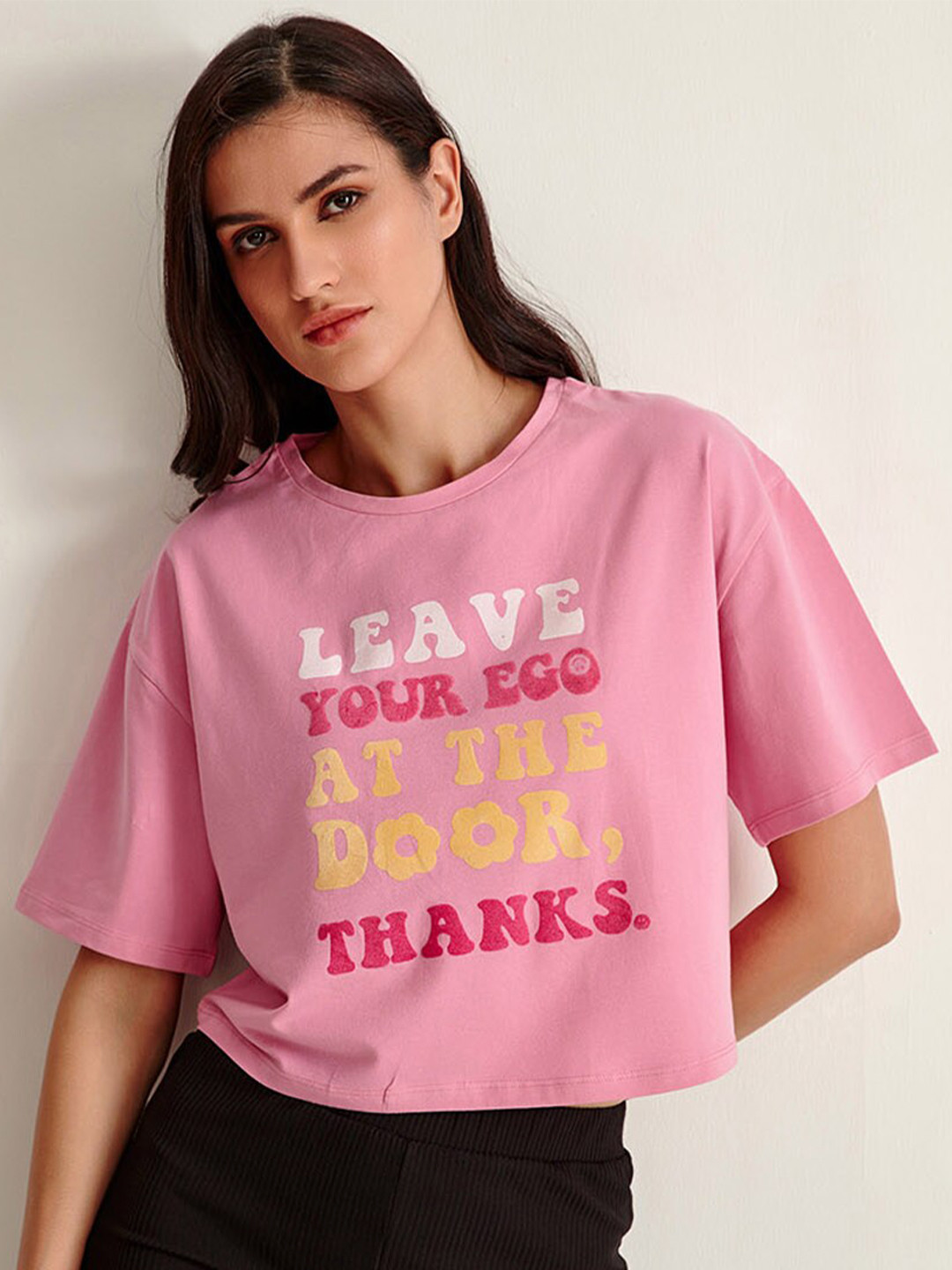 

COVER STORY Women Pink Typography Printed Crop T-shirt