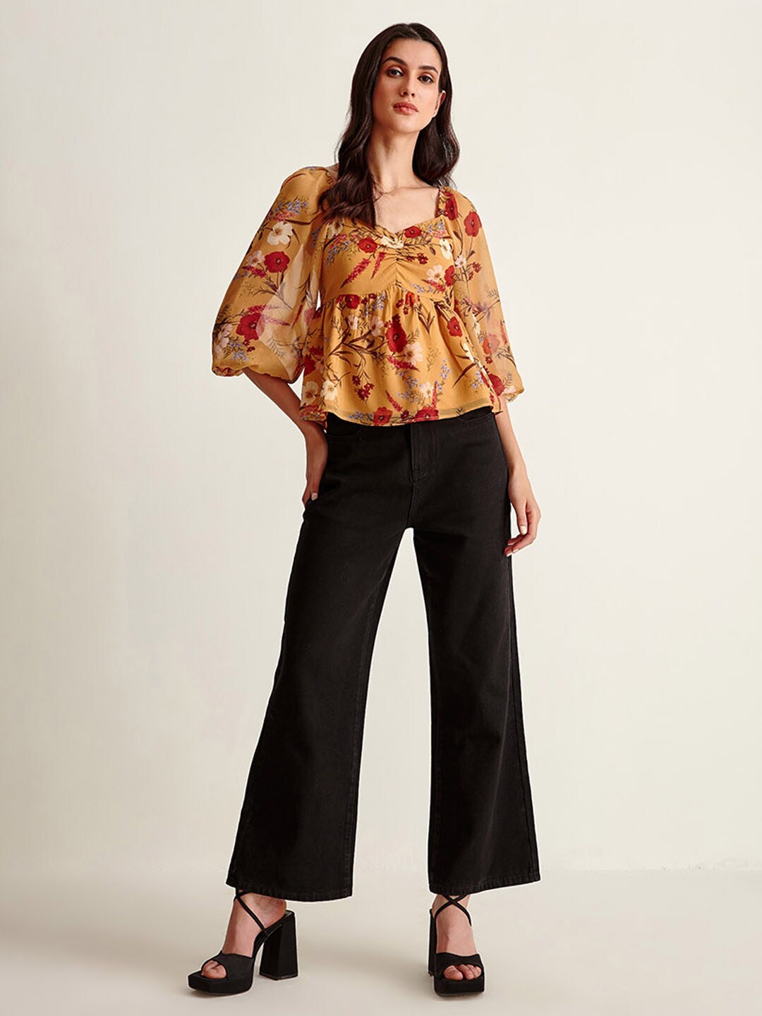 

COVER STORY Mustard Yellow & Red Floral Printed Sweetheart Neck Top