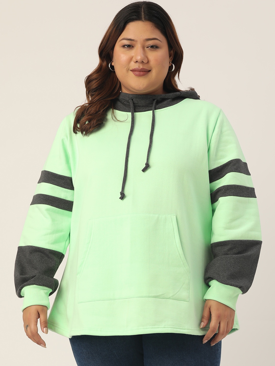 

theRebelinme Plus Size Women Sea Green Colourblocked Hooded Sweatshirt