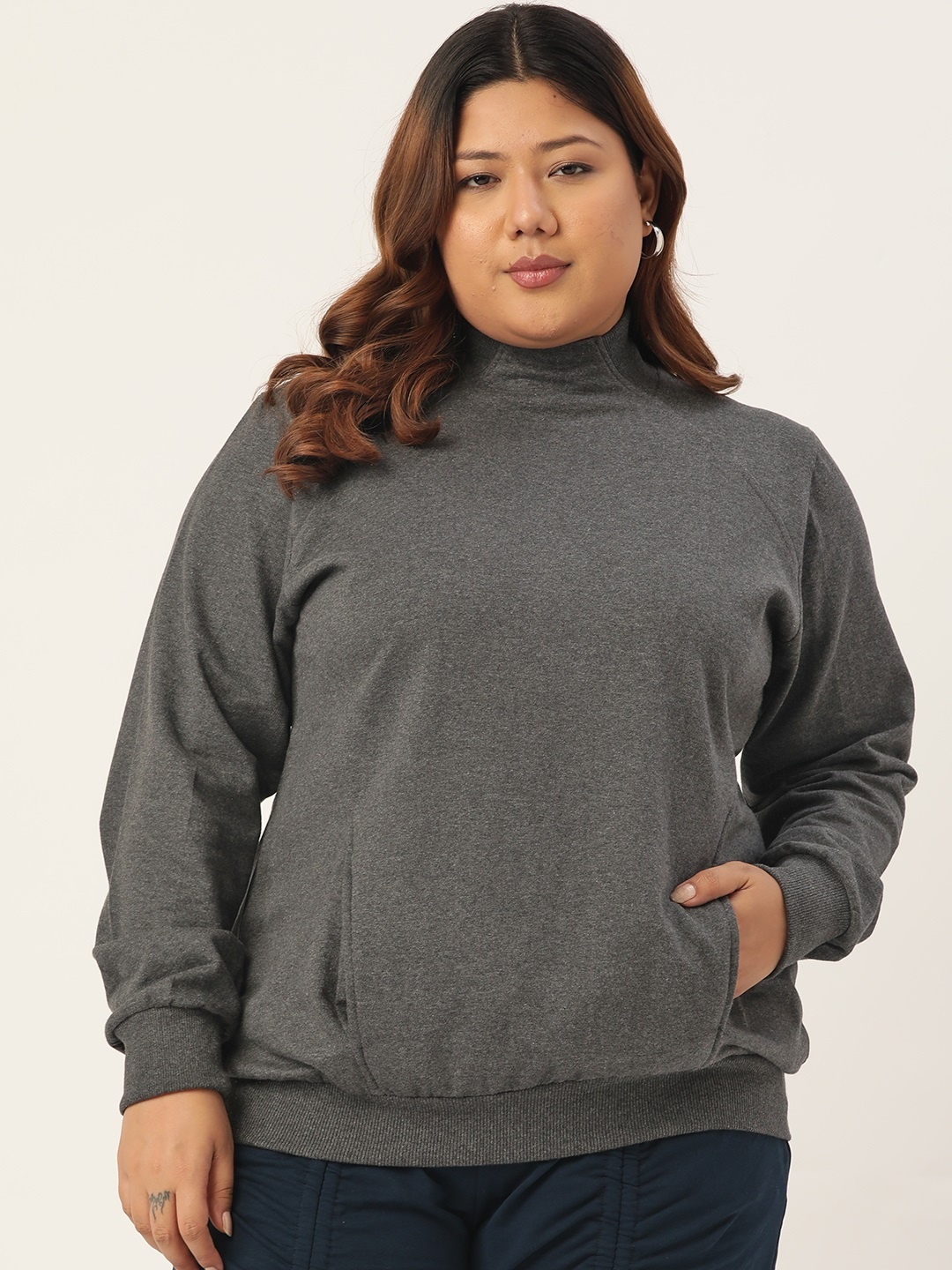 

theRebelinme Women Grey Solid High Neck Sweatshirt
