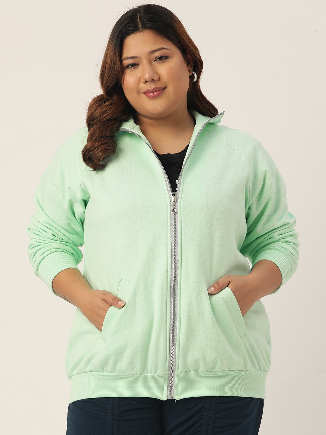 

theRebelinme Plus Size Women Sea Green Fleece Sporty Jacket